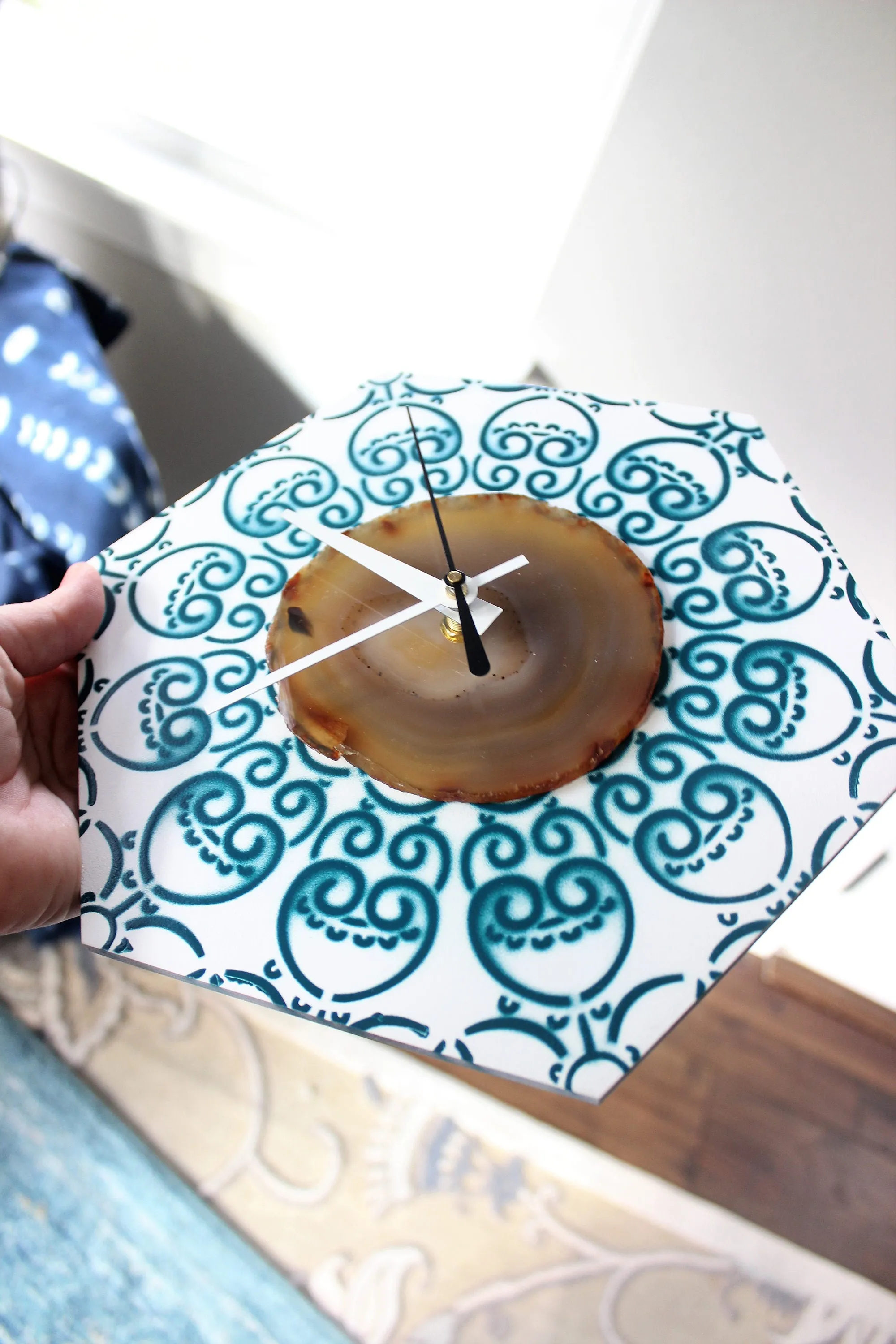10" Natural Agate Hex Wood Wall Clock