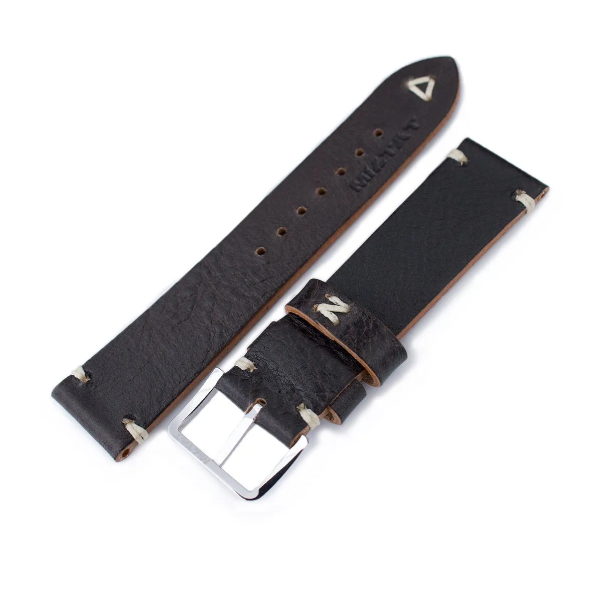 20mm, 21mm, 22mm MiLTAT Dark Brown Genuine Calf Leather Watch Strap, Beige Stitching, Polished Buckle