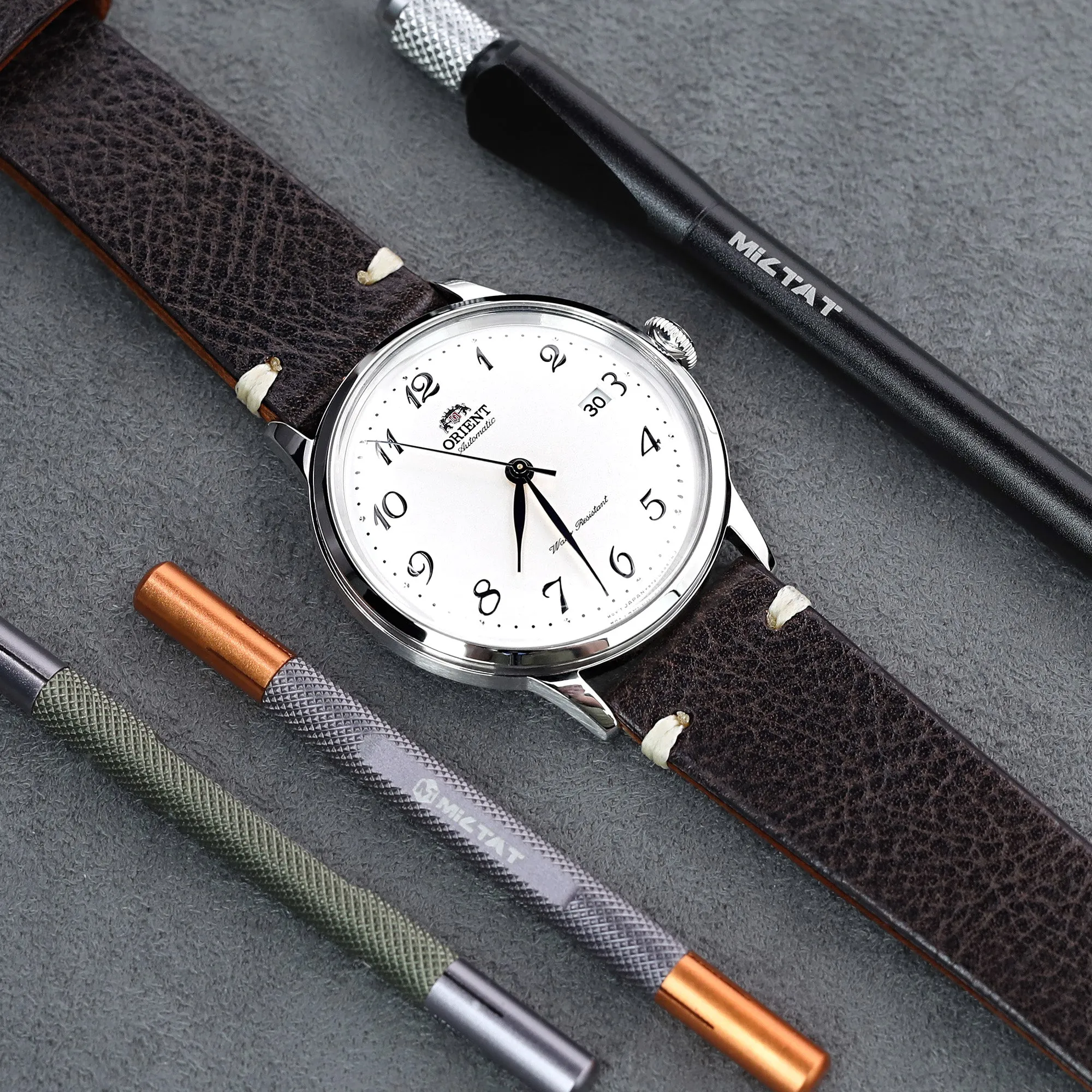 20mm, 21mm, 22mm MiLTAT Dark Brown Genuine Calf Leather Watch Strap, Beige Stitching, Polished Buckle