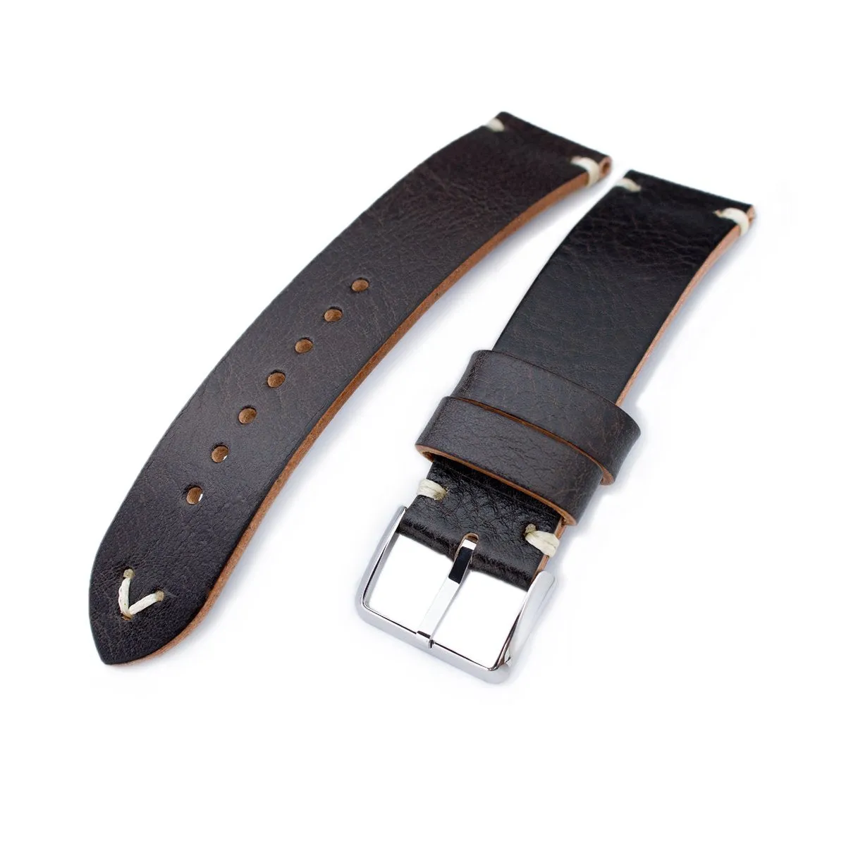 20mm, 21mm, 22mm MiLTAT Dark Brown Genuine Calf Leather Watch Strap, Beige Stitching, Polished Buckle