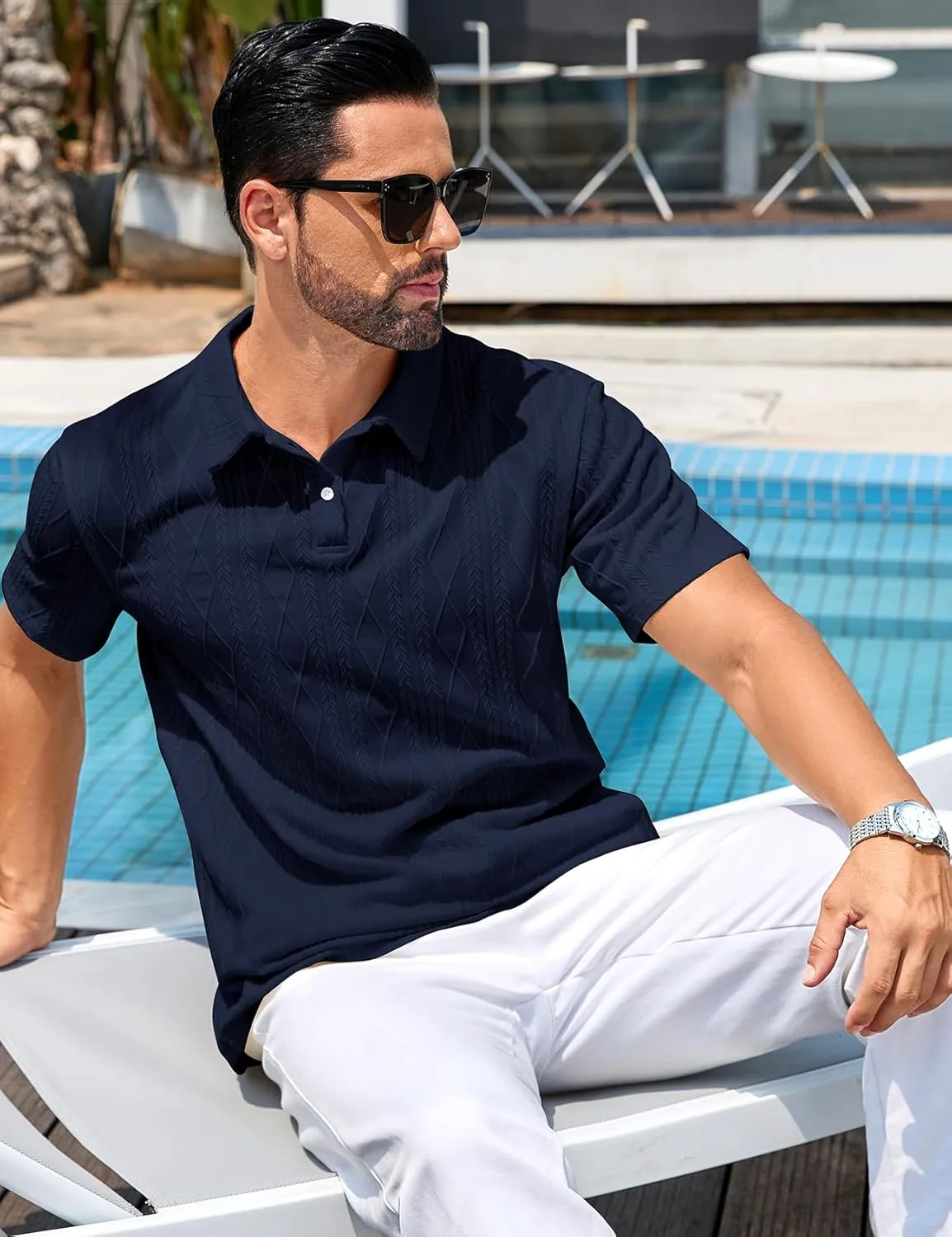 COZYPOIN Mens Knit Polo Shirts Short Sleeve Cuban Geometric Textured Pullover Casual Regular Fit Stretchy Golf T Shirt