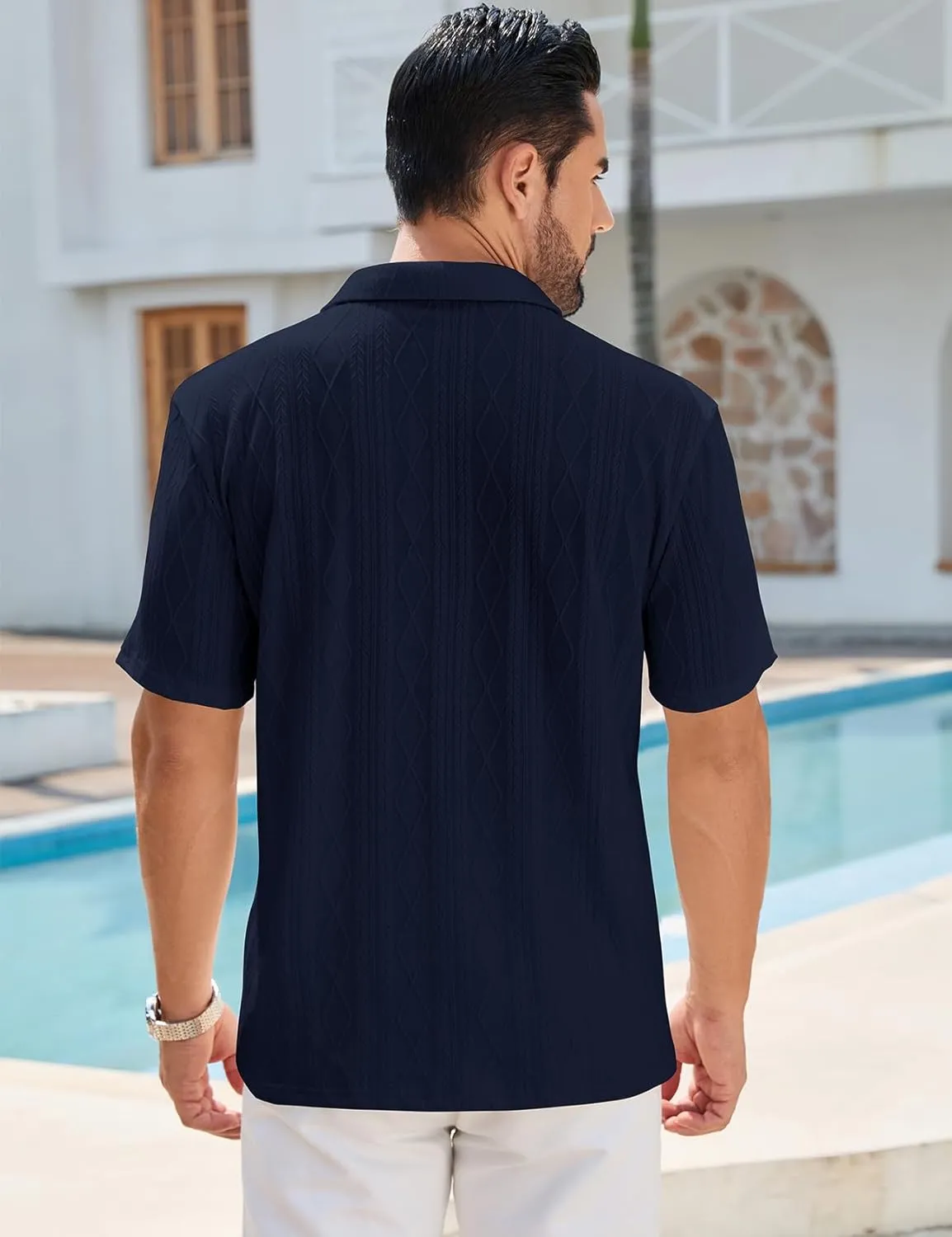 COZYPOIN Mens Knit Polo Shirts Short Sleeve Cuban Geometric Textured Pullover Casual Regular Fit Stretchy Golf T Shirt