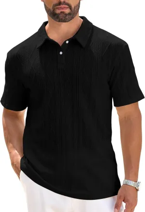 COZYPOIN Mens Knit Polo Shirts Short Sleeve Cuban Geometric Textured Pullover Casual Regular Fit Stretchy Golf T Shirt