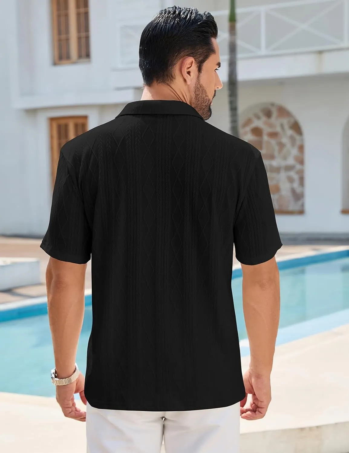 COZYPOIN Mens Knit Polo Shirts Short Sleeve Cuban Geometric Textured Pullover Casual Regular Fit Stretchy Golf T Shirt