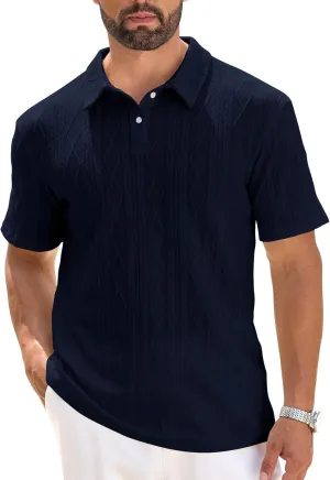 COZYPOIN Mens Knit Polo Shirts Short Sleeve Cuban Geometric Textured Pullover Casual Regular Fit Stretchy Golf T Shirt