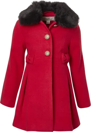 Cremson Girl Wool Look Winter Princess Bow Dress Pea Coat Jacket Faux Fur Collar