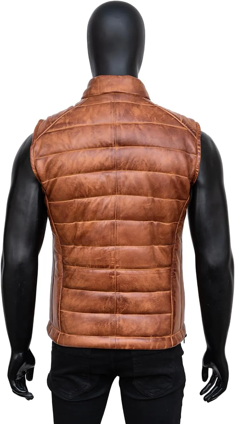 Distressed Quilted Puffer Down Leather Vest Men | Lightweight Distressed Brown vest | Leather Down Puffer Vest