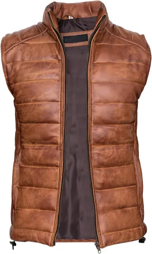 Distressed Quilted Puffer Down Leather Vest Men | Lightweight Distressed Brown vest | Leather Down Puffer Vest