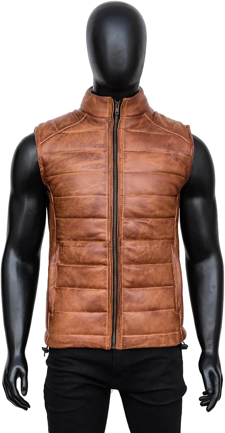 Distressed Quilted Puffer Down Leather Vest Men | Lightweight Distressed Brown vest | Leather Down Puffer Vest