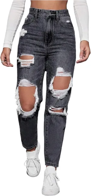 Floerns Women's High Waisted Distressed Jeans Straight Leg Casual Ripped Denim Pants