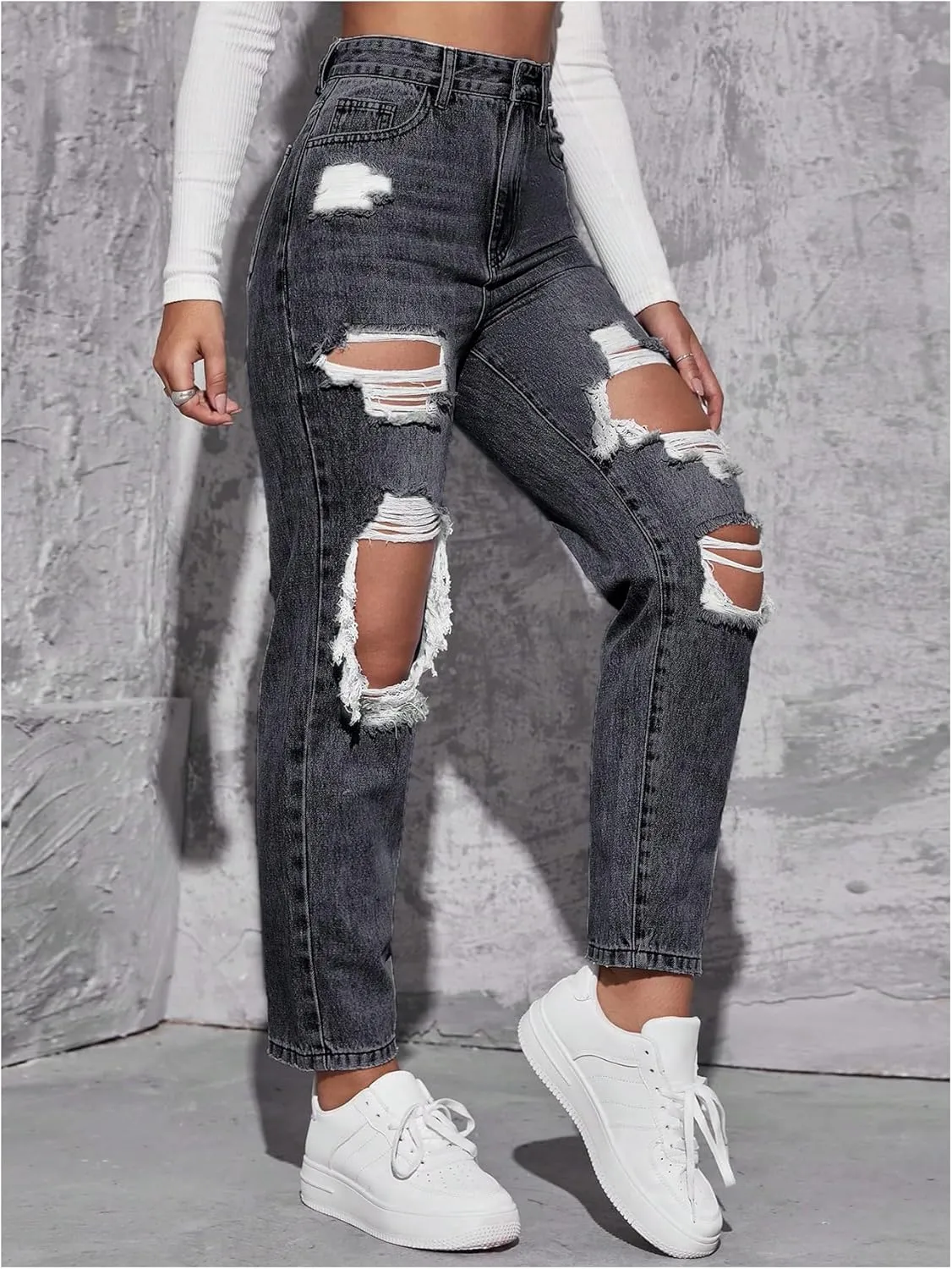 Floerns Women's High Waisted Distressed Jeans Straight Leg Casual Ripped Denim Pants