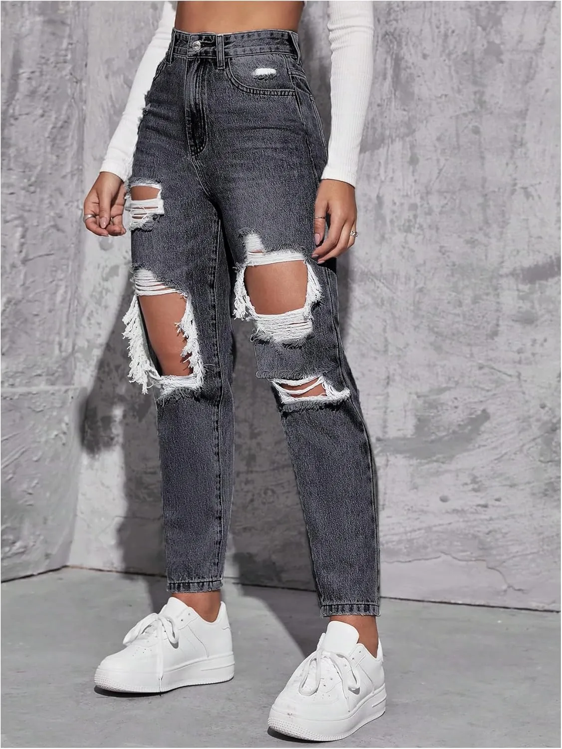 Floerns Women's High Waisted Distressed Jeans Straight Leg Casual Ripped Denim Pants