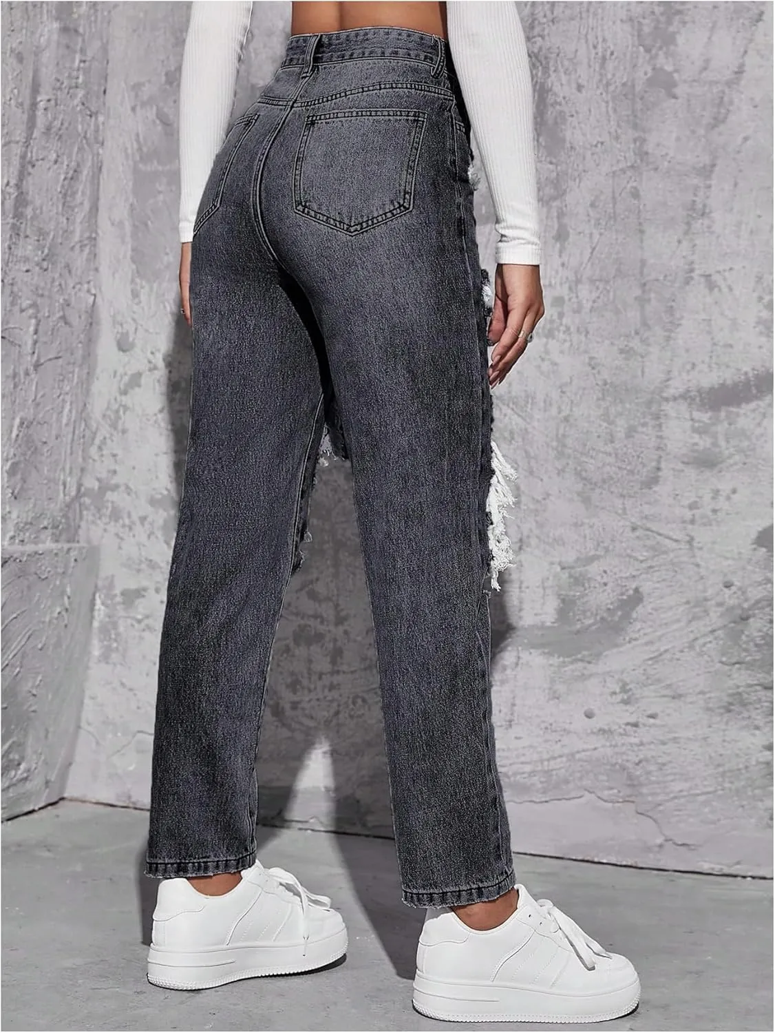 Floerns Women's High Waisted Distressed Jeans Straight Leg Casual Ripped Denim Pants