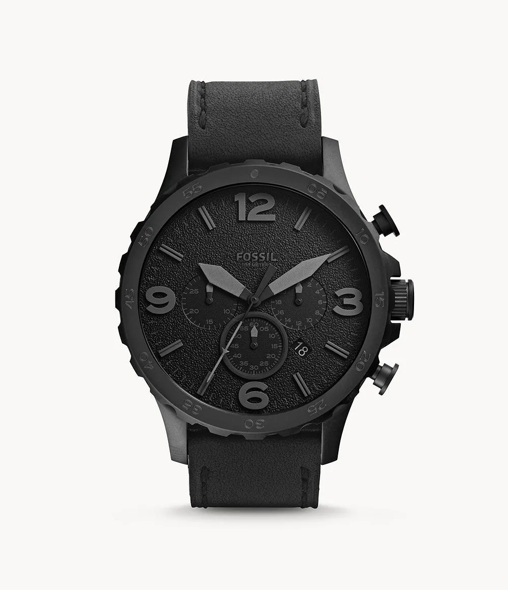 Fossil Men Nate Chronograph Black Leather Strap Watch JR1354