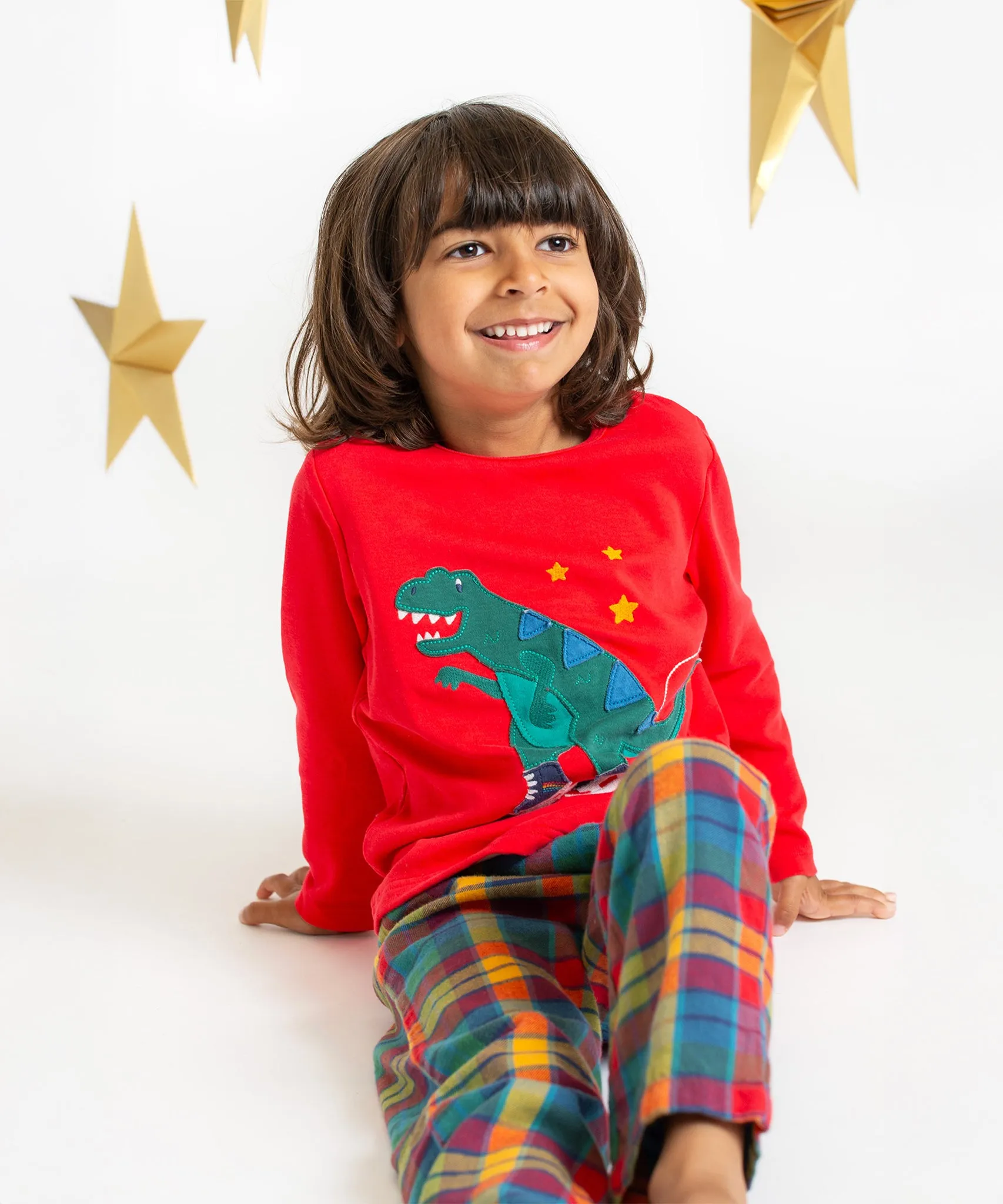 Frugi Caden Pyjamas - Merry Rainbow Check/Dinosaur