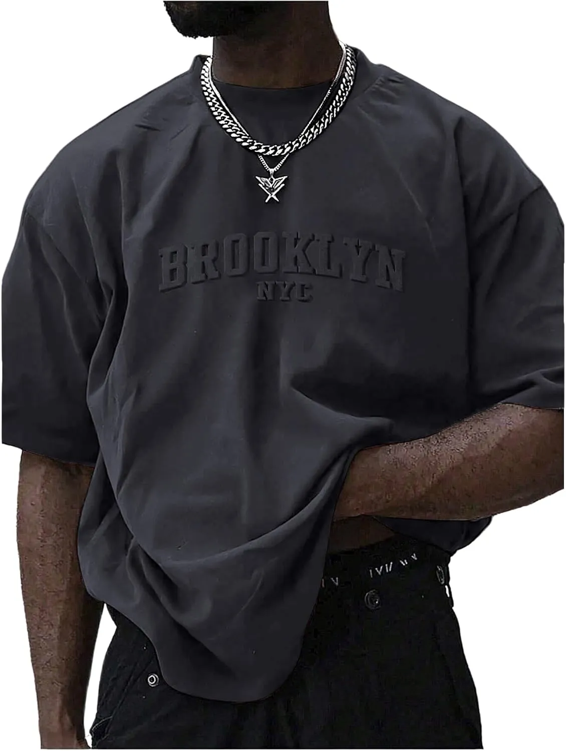 GORGLITTER Men's Oversized T Shirt Letter Graphic Short Sleeve Drop Shoulder Crewneck Tee Tops