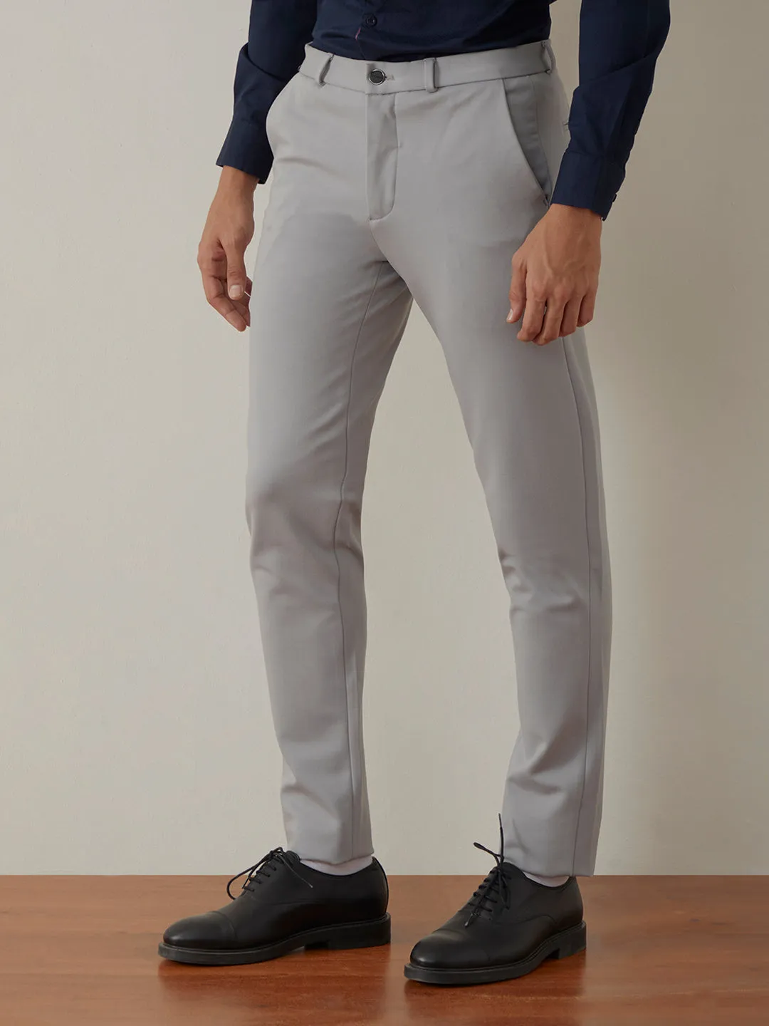 Grey Plain Bi-Stretch Slim Trousers