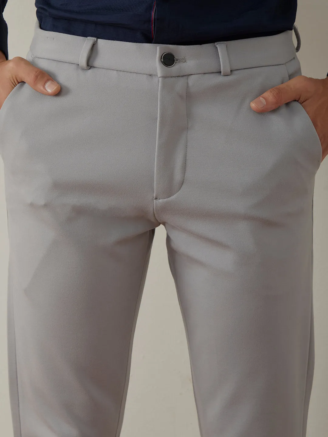 Grey Plain Bi-Stretch Slim Trousers