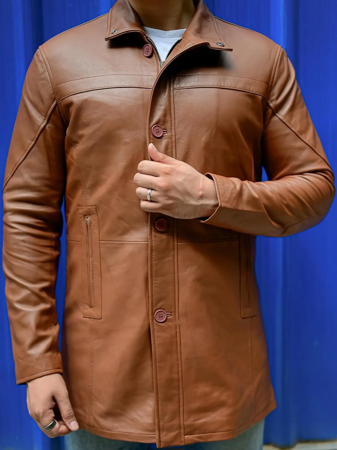 Jild Leather Trench Coat Men - 3/4 Length Casual Car Coat Style Lambskin Long Leather Jacket Men