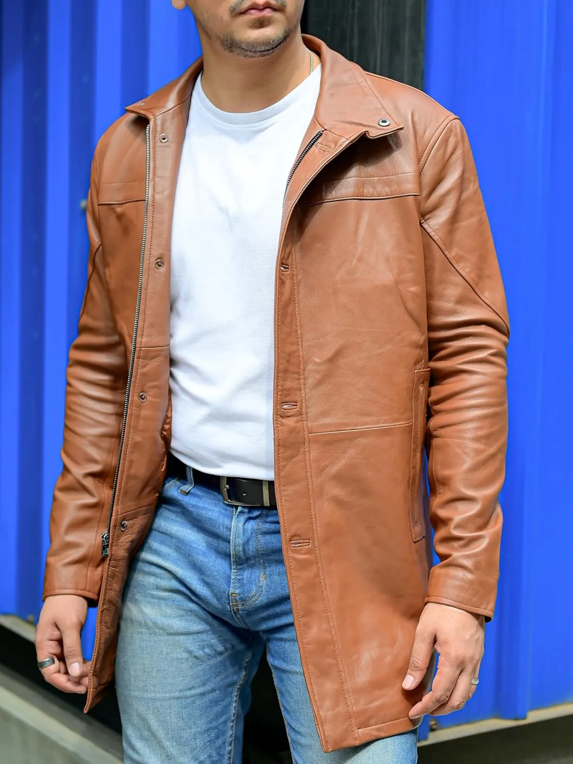 Jild Leather Trench Coat Men - 3/4 Length Casual Car Coat Style Lambskin Long Leather Jacket Men