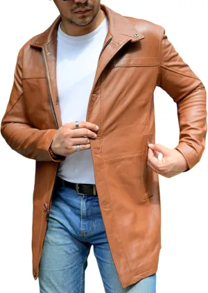 Jild Leather Trench Coat Men - 3/4 Length Casual Car Coat Style Lambskin Long Leather Jacket Men