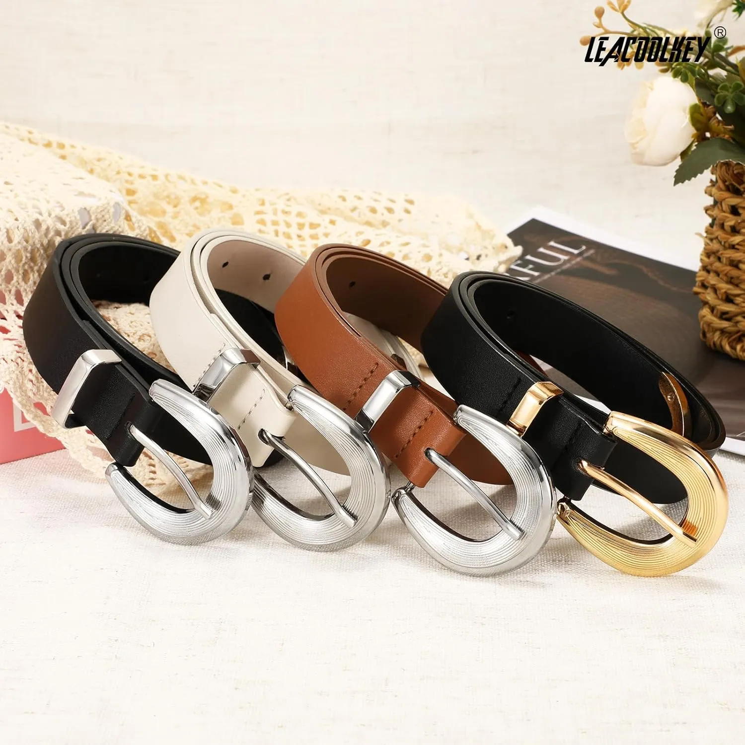 LEACOOLKEY Women Leather Belt Women Belts for Jeans Dress Ladies Fashion Leather Waist Belt Women Black Belt