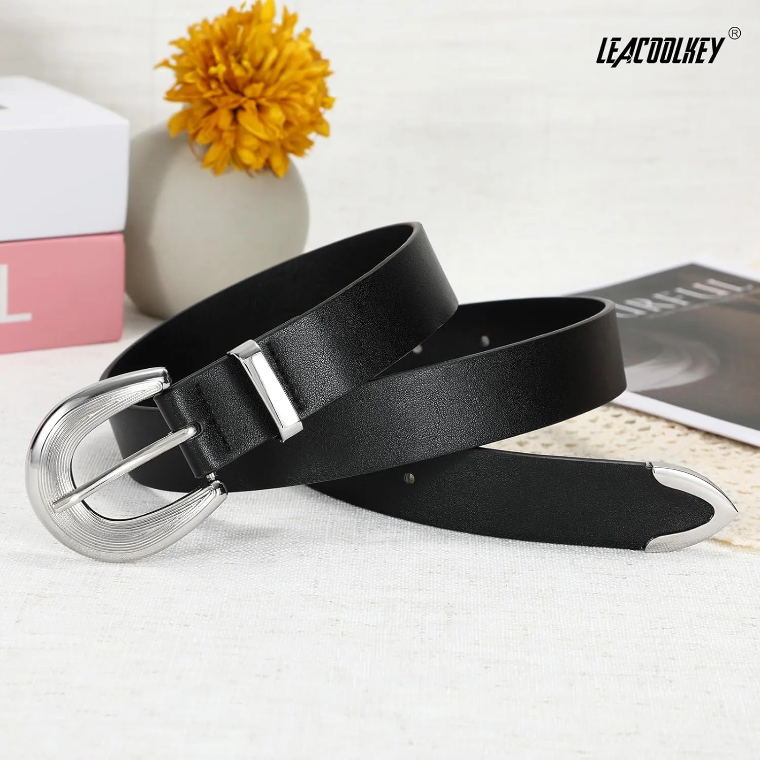 LEACOOLKEY Women Leather Belt Women Belts for Jeans Dress Ladies Fashion Leather Waist Belt Women Black Belt