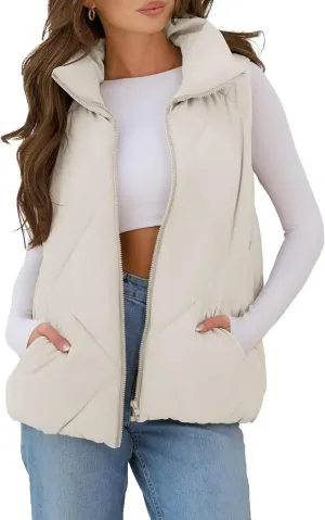 MEROKEETY Womens 2025 Puffer Vest Sleeveless Zip Up Quilted Coat Stand Collar Gilet Jacket With Pockets