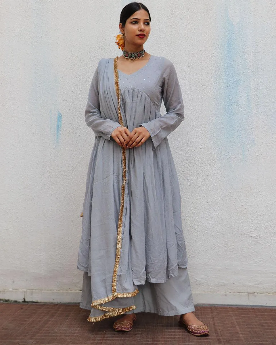 Noor Grey Mulmul Cotton Kurta Set with Dupatta Set of 3 - Jugnoo