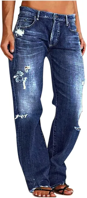 Ruziyoog Womens Distressed Jeans Straight Leg Button Down Low Rise Ripped Jeans Boyfriend Denim Pants Baggy Cargo Pants