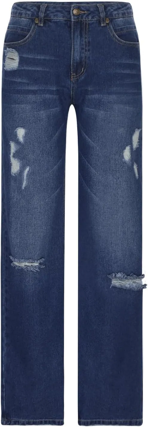 Ruziyoog Womens Distressed Jeans Straight Leg Button Down Low Rise Ripped Jeans Boyfriend Denim Pants Baggy Cargo Pants