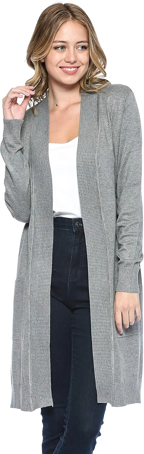 Urban Look Women's Long Sleeve Classic Open Front Knit Long Cardigan