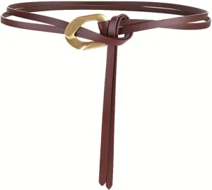 Women Genuine Leather Tie Belt Gold Buckle Double Strap Belts