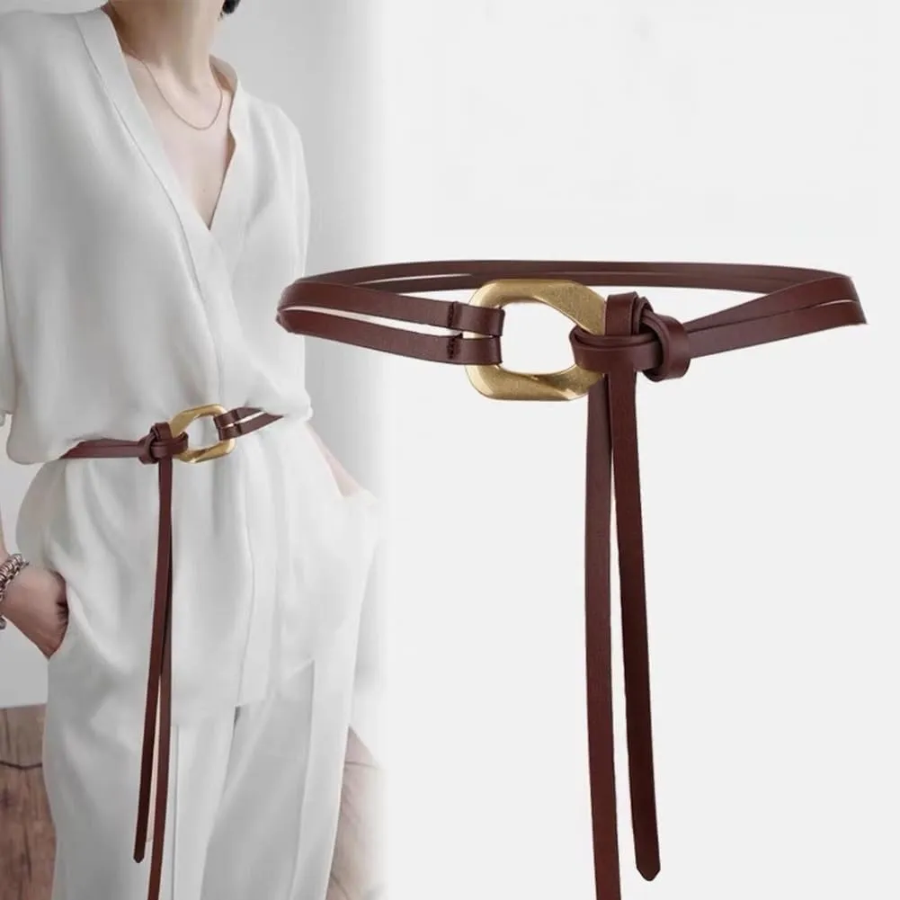 Women Genuine Leather Tie Belt Gold Buckle Double Strap Belts