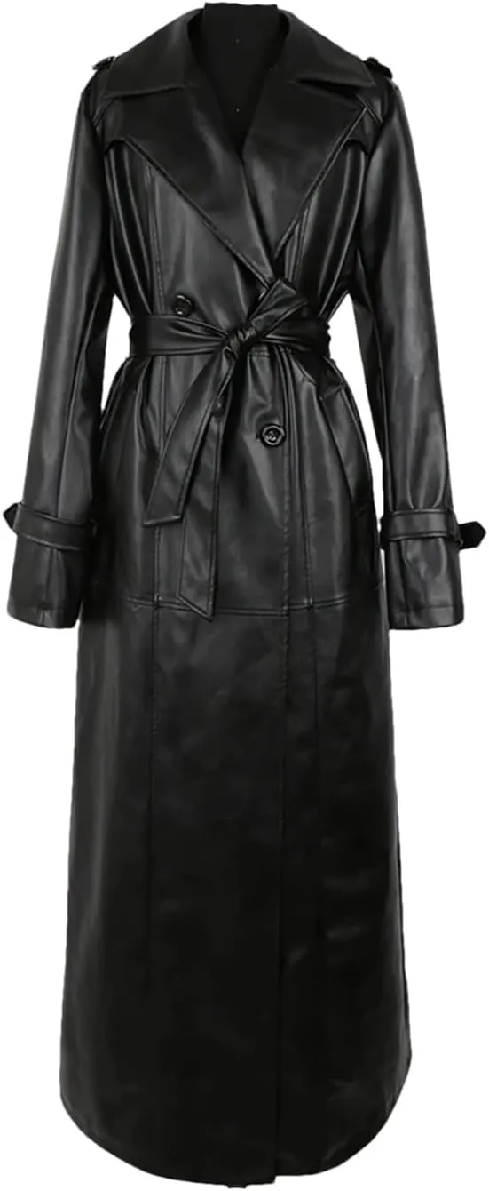 Women Spring Autumn Extra Long Waterproof Black Soft Belt Floor Length Overcoat Pu Leather Trench Coat