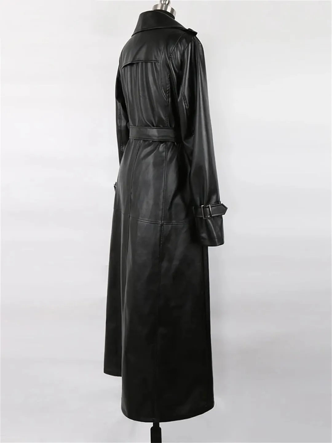 Women Spring Autumn Extra Long Waterproof Black Soft Belt Floor Length Overcoat Pu Leather Trench Coat