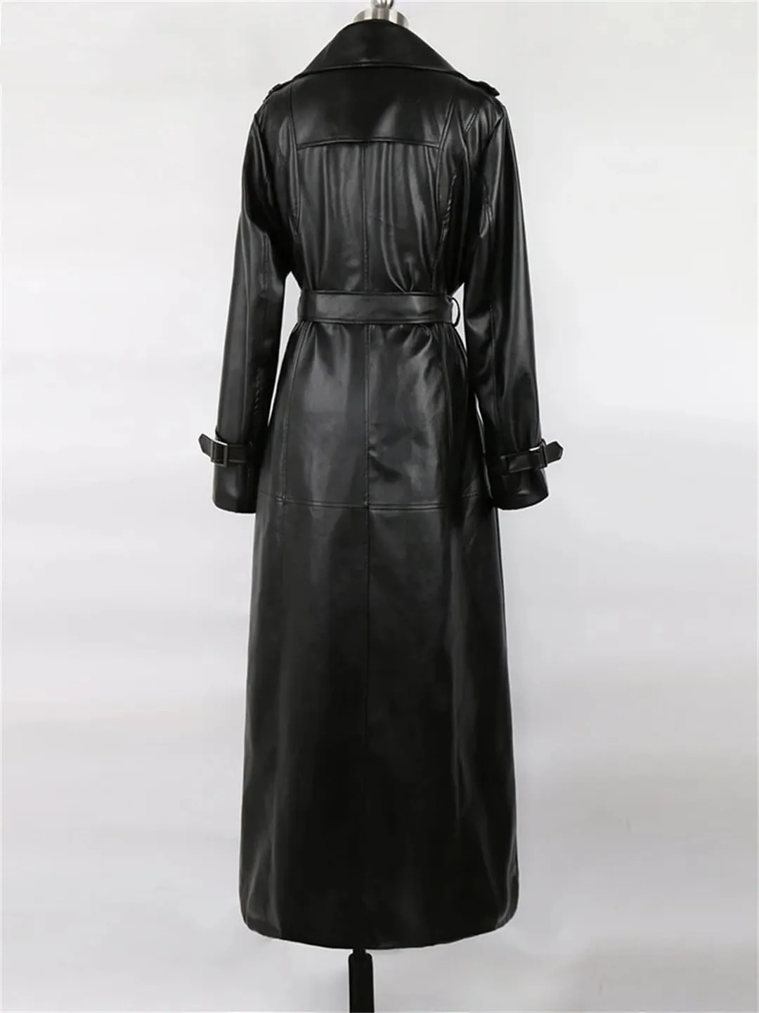 Women Spring Autumn Extra Long Waterproof Black Soft Belt Floor Length Overcoat Pu Leather Trench Coat