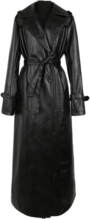 Women Spring Autumn Extra Long Waterproof Black Soft Belt Floor Length Overcoat Pu Leather Trench Coat