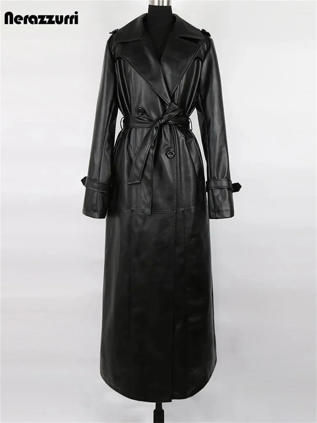 Women Spring Autumn Extra Long Waterproof Black Soft Belt Floor Length Overcoat Pu Leather Trench Coat