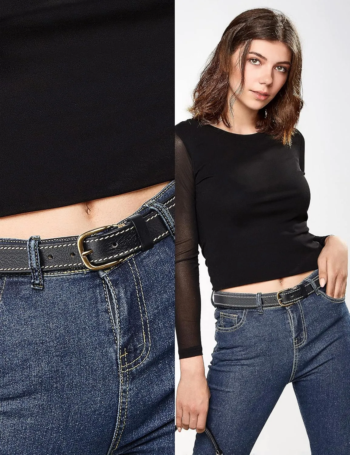 Womens Belts for Jeans 1.1" Width Ladies Belts for Dresses Full Grain Leather Gold Buckle Belt Gift Box