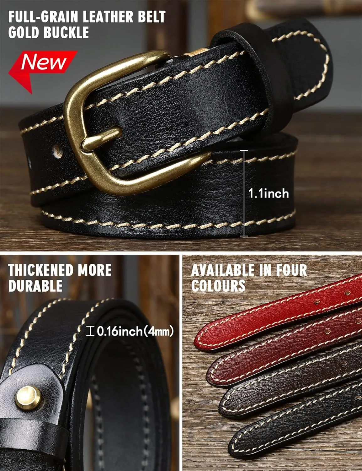 Womens Belts for Jeans 1.1" Width Ladies Belts for Dresses Full Grain Leather Gold Buckle Belt Gift Box