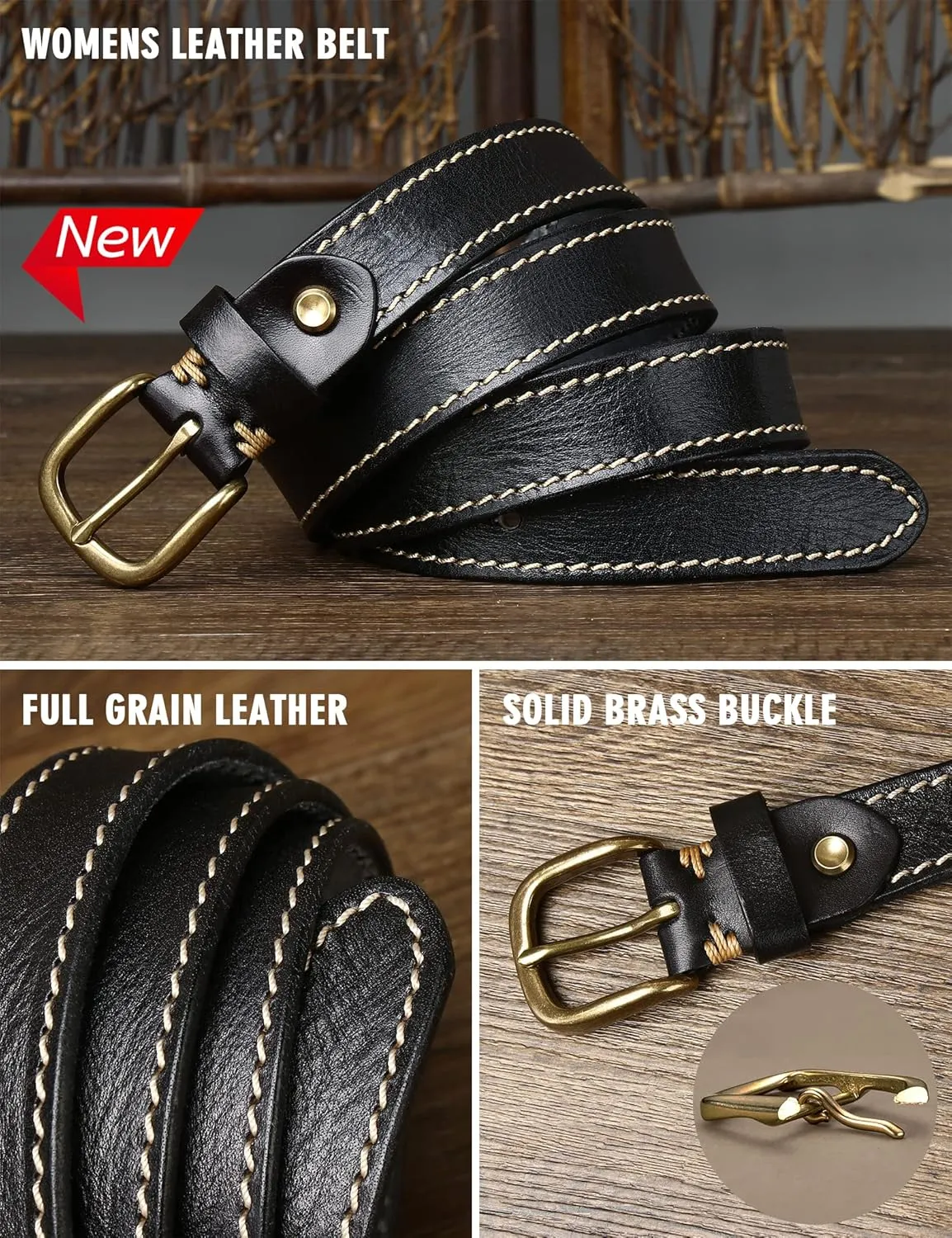 Womens Belts for Jeans 1.1" Width Ladies Belts for Dresses Full Grain Leather Gold Buckle Belt Gift Box