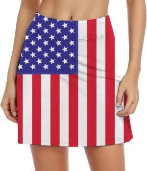 Women's Independence Day Printed Elastic Waist Pocketed Double Layer Gym Skirt Long Satin Dress Plus Size