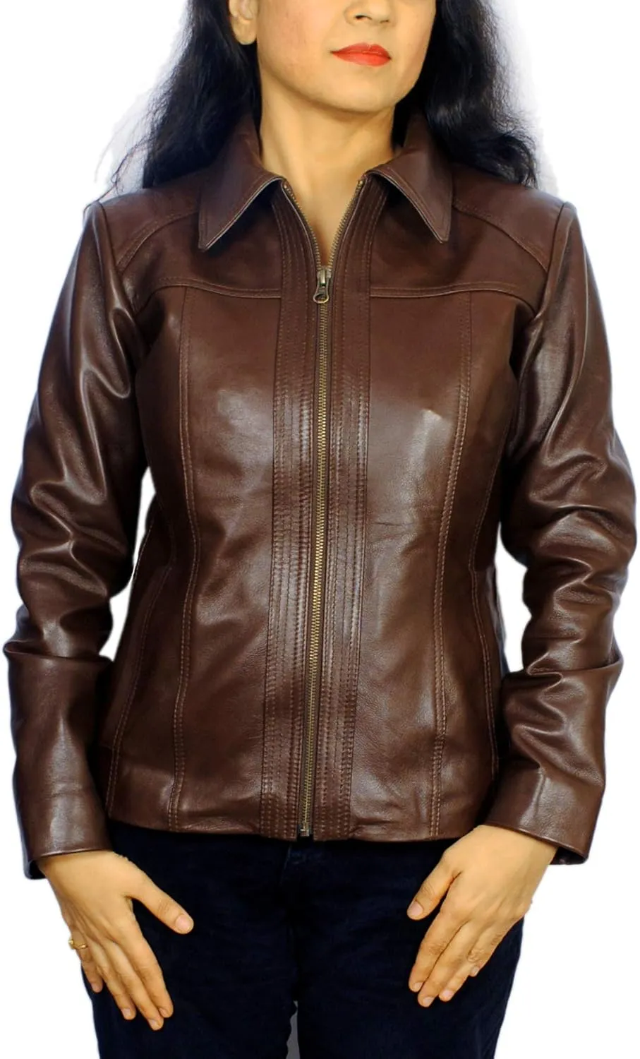 Women's Lambskin Leather Short Peacoat Jacket