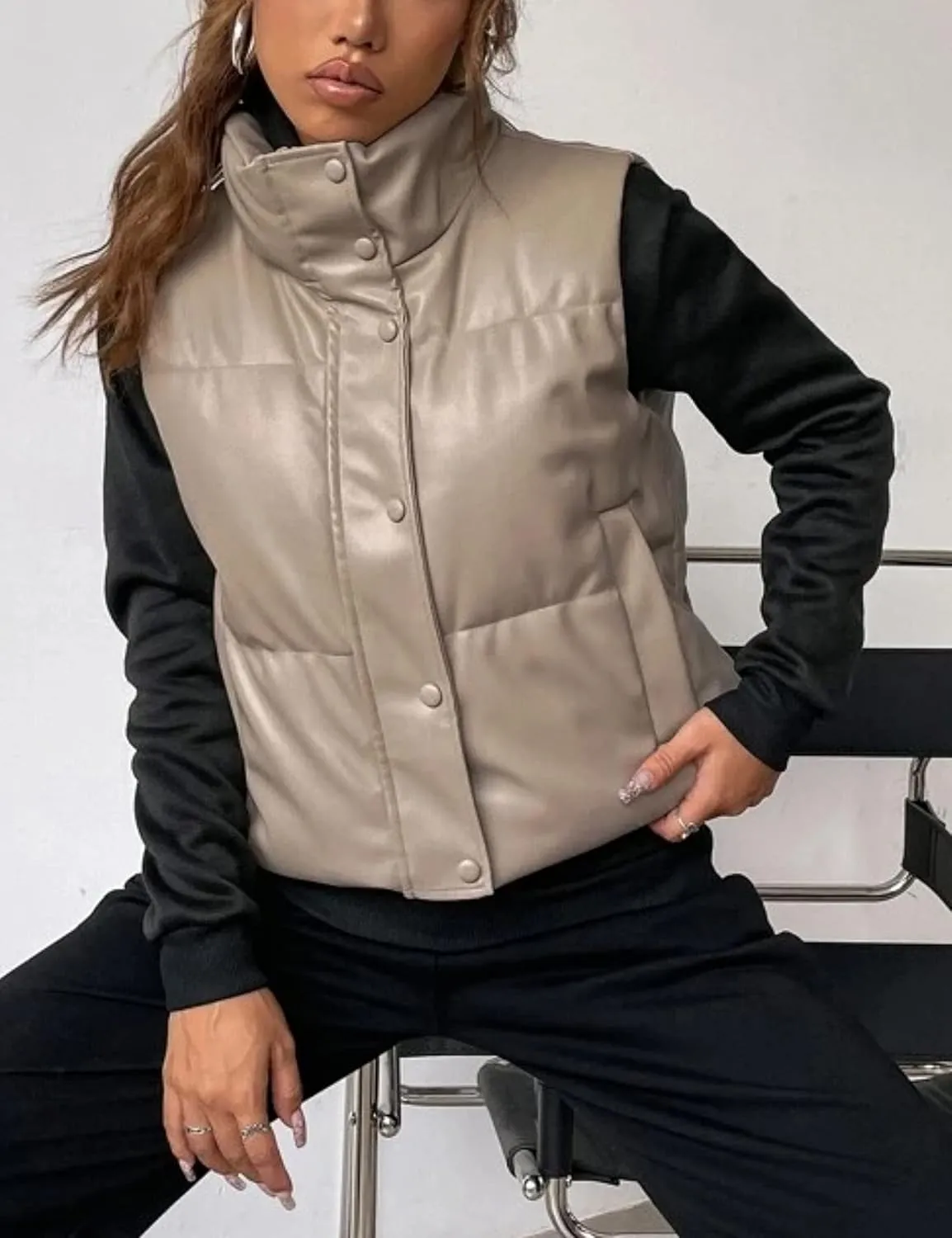 Yidarer Women's Faux Leather Puffer Vest Stand Collar Padded Vest Sleeveless Quilted Lightweight Jacket
