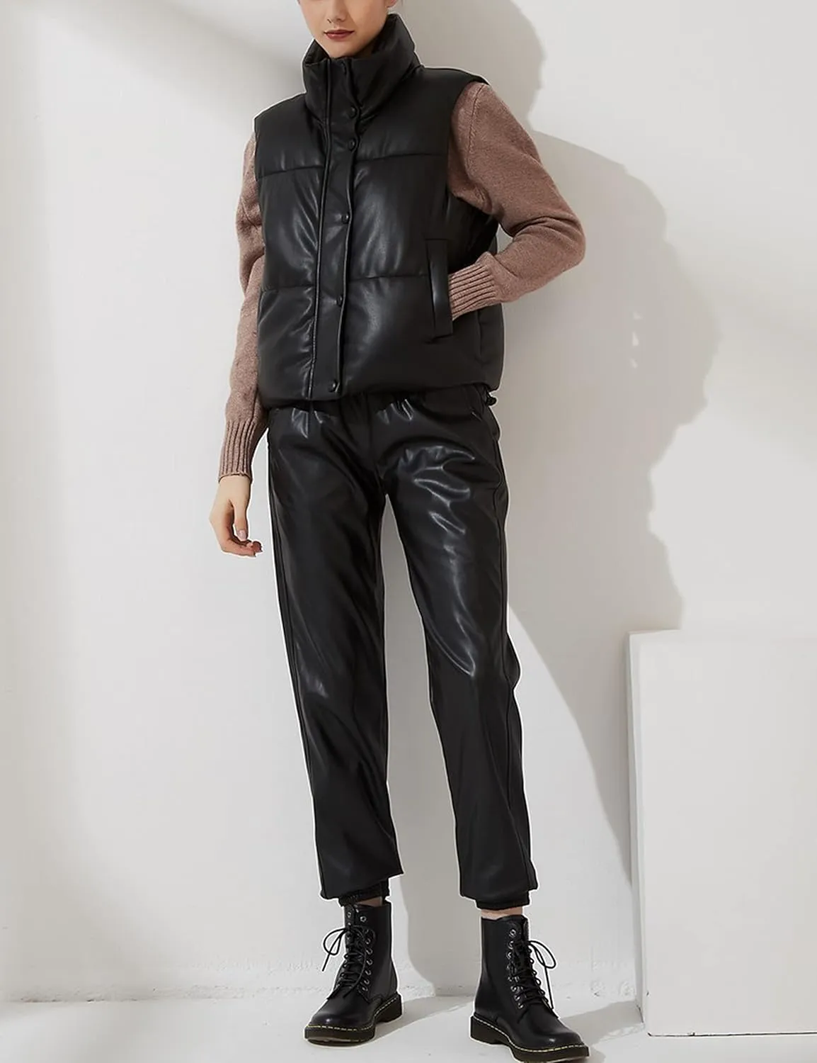 Yidarer Women's Faux Leather Puffer Vest Stand Collar Padded Vest Sleeveless Quilted Lightweight Jacket