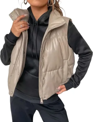 Yidarer Women's Faux Leather Puffer Vest Stand Collar Padded Vest Sleeveless Quilted Lightweight Jacket