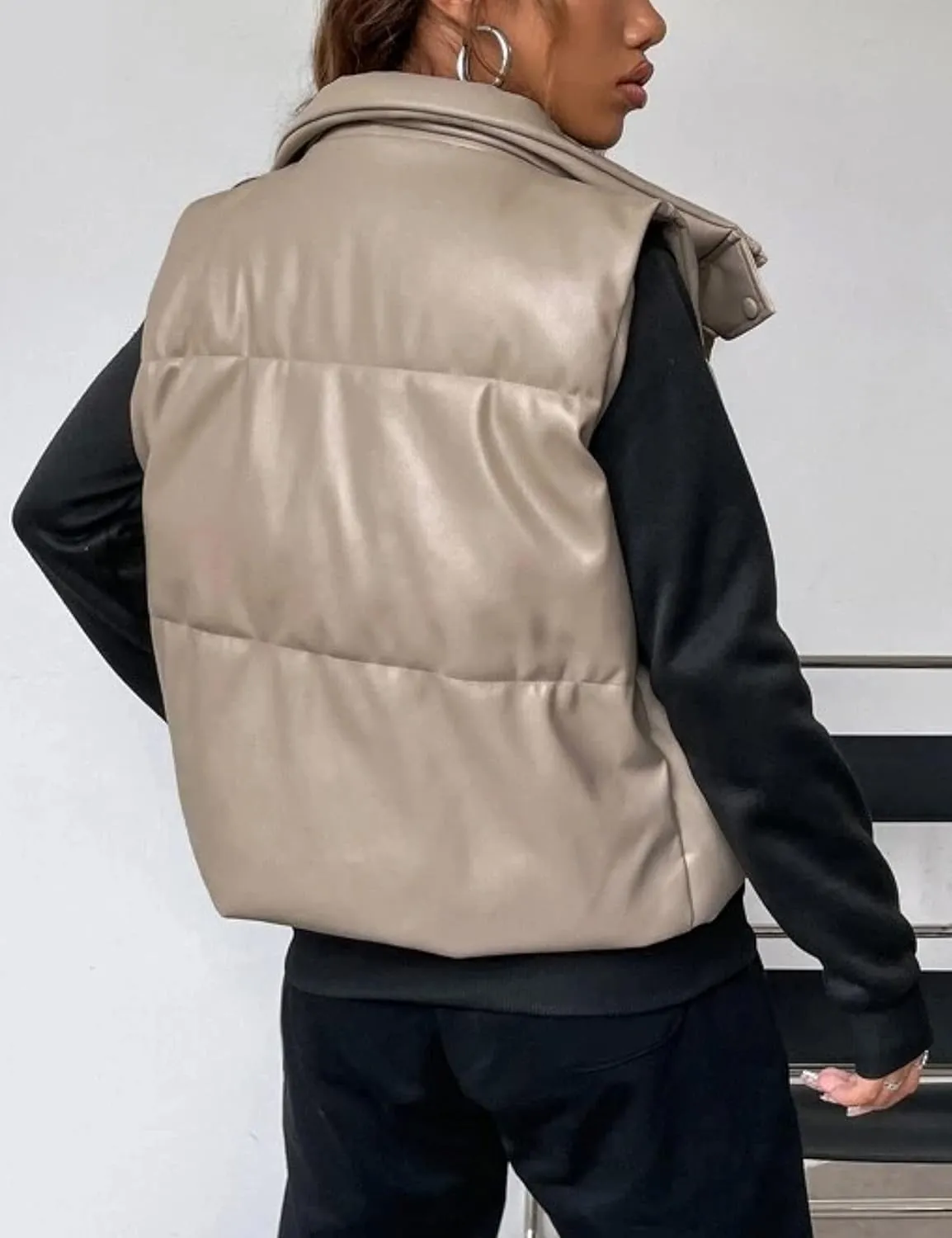 Yidarer Women's Faux Leather Puffer Vest Stand Collar Padded Vest Sleeveless Quilted Lightweight Jacket