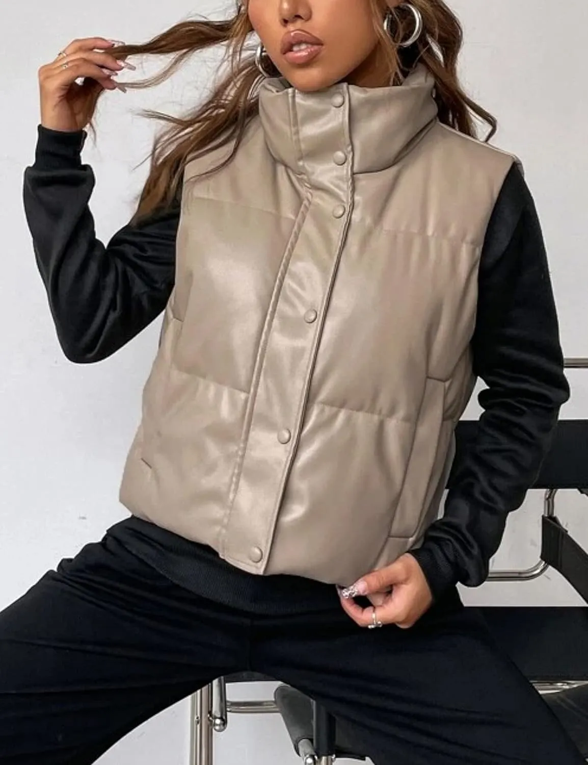 Yidarer Women's Faux Leather Puffer Vest Stand Collar Padded Vest Sleeveless Quilted Lightweight Jacket
