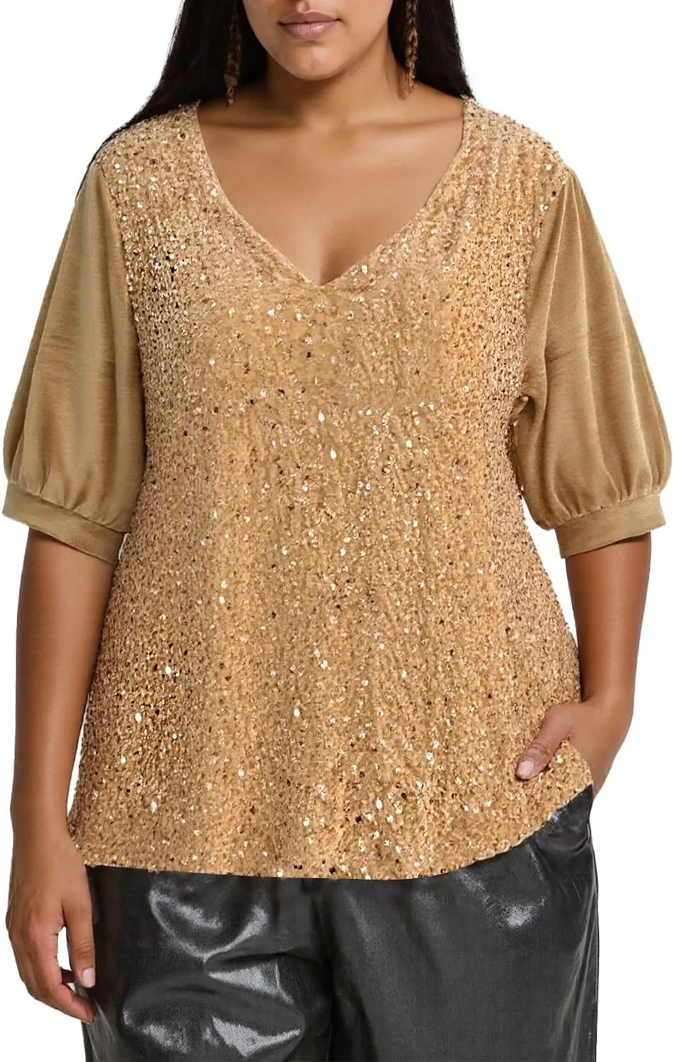 Ypser Womens Sequin Velvet Tops Glitter V-Neck Short Sleeve Blouse Evening Shirts Outfits